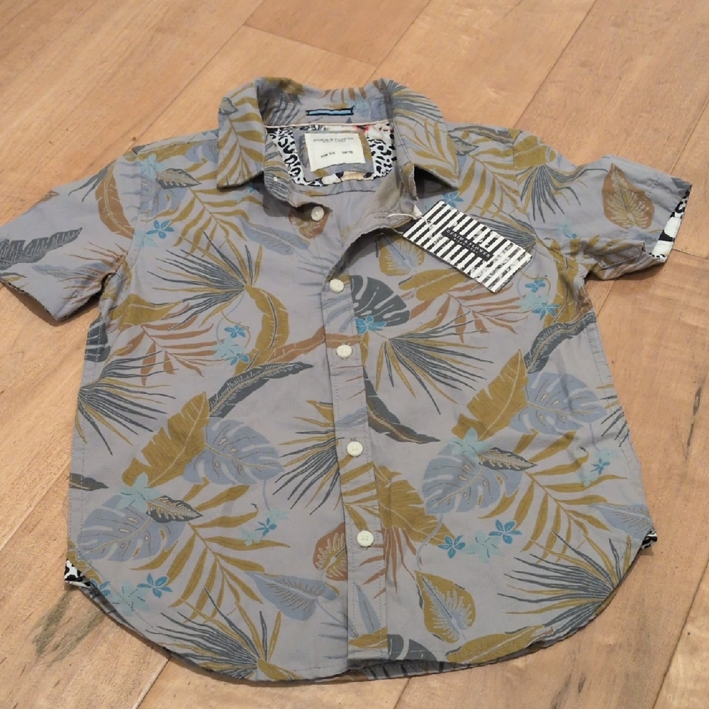 ✅Denim & Flower Ricky Singh Boys Dress Shirt 5/6 Tropical Leaf Island Hawaiian